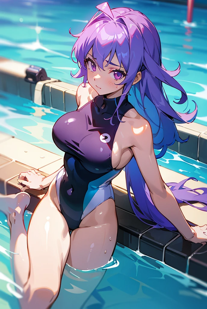 a drawing of a young woman posing in a swimsuit with goggles, 1girl, swimsuit, solo, one-piece swimsuit, purple eyes, breasts, yukine chris, pool, competition swimsuit, large breasts
