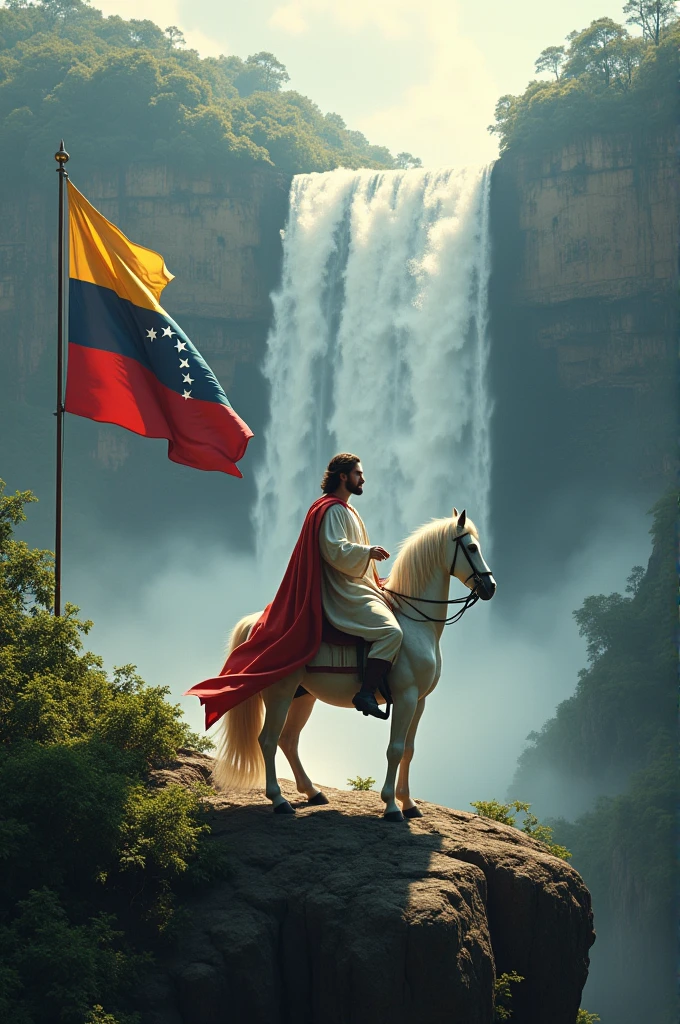 Angel Falls with the seven-star Venezuelan flag, with Jesus riding over on a horse