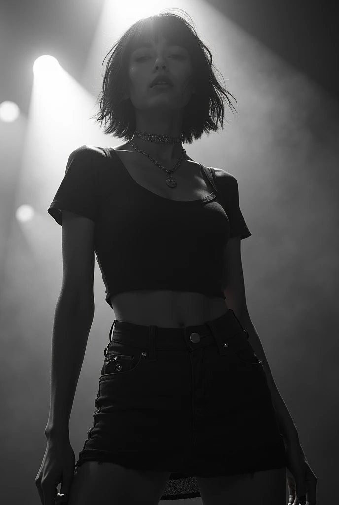 Black and white photography、Live footage、Asian woman with short bob、band、skirt、Beautiful Face、Punk Rock、Large Breasts、Satomi Ishihara、T-Shirts、Cleavage、Stage Lighting、smoke、mist、Alice Hirose、Solo artist、skirtめくり、