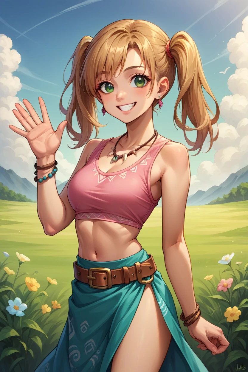 score_9, score_8_up, score_7_up, source_anime BREAK 1girl, solo, vanille, twintails, green eyes, tribal jewelry, earring, necklace, bracelet, beads, pink crop top, belt, sarong, smile, happy, looking at you, waving, blue sky, field