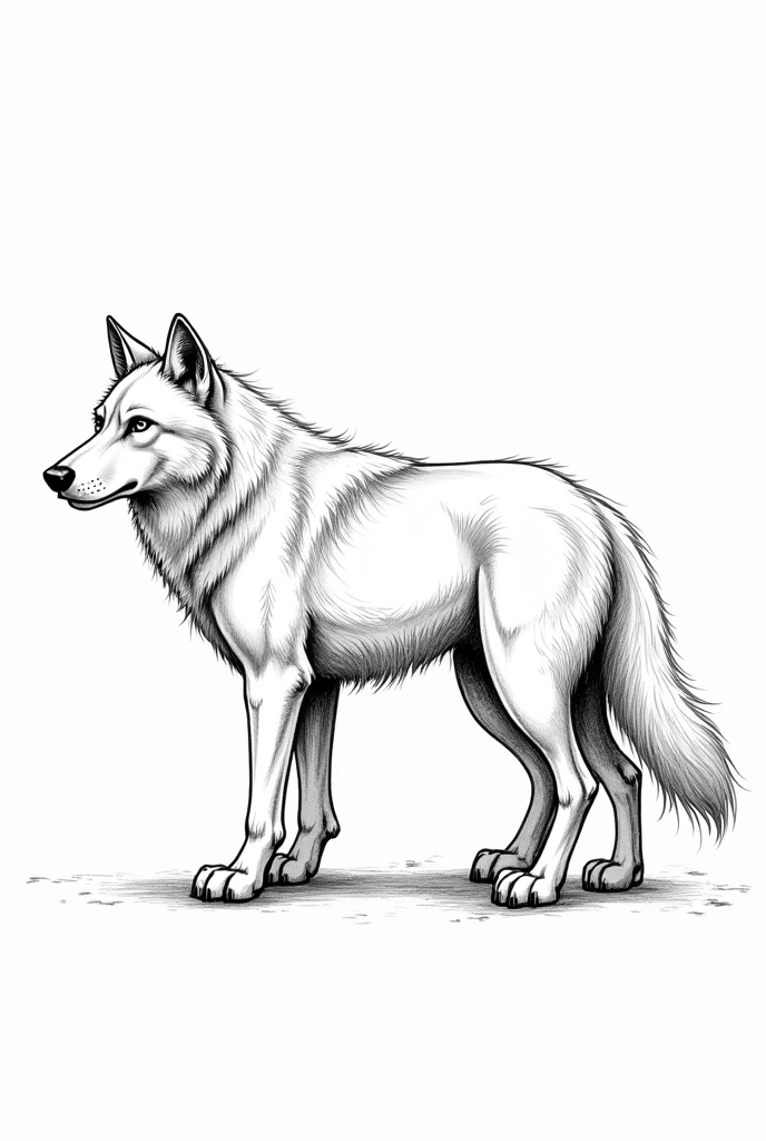 A black and white drawn wolf looking sideways