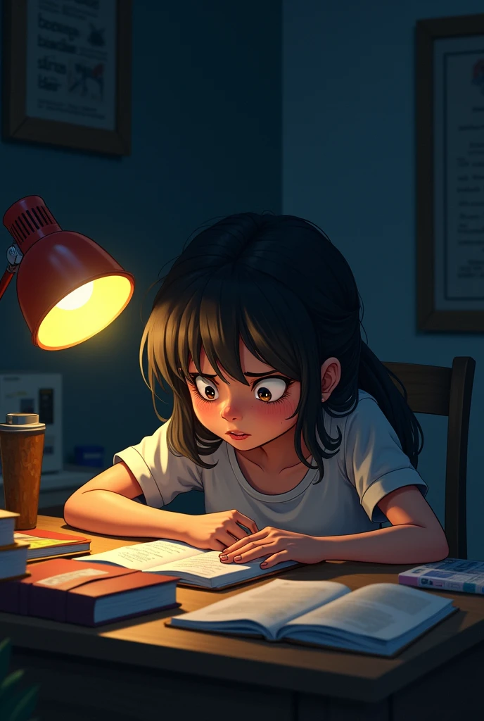 A girl studying late at night looking so stressed