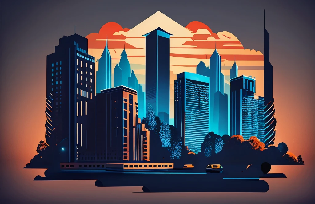 A cosmopolitan city, en un landscape primaveral, with elegance and power, shirt design, landscape, vectorized