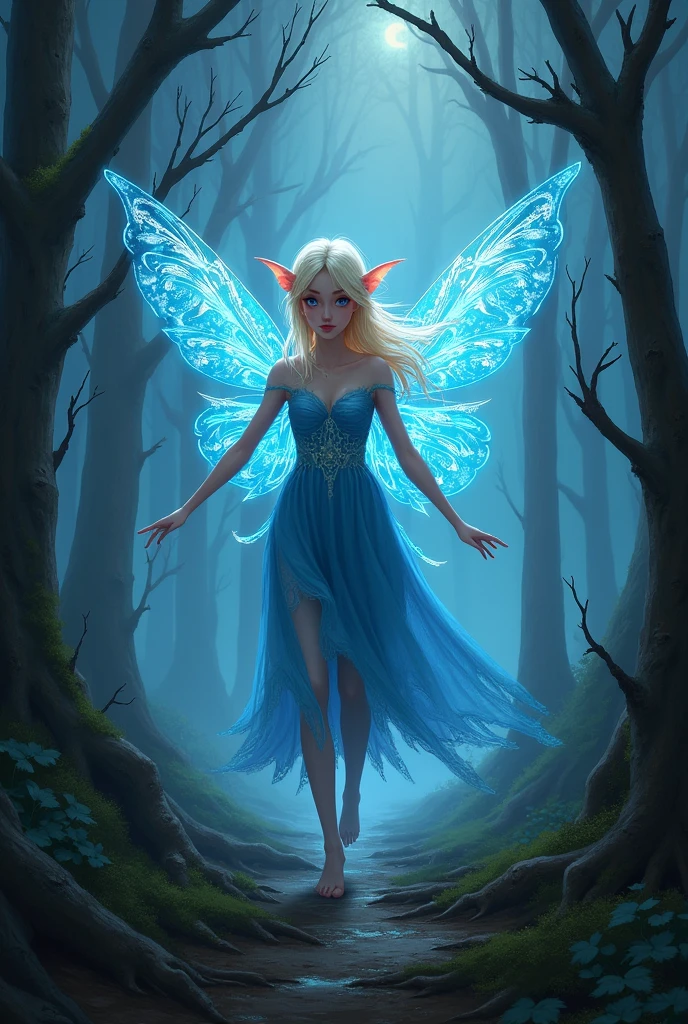 A fair-skinned fairy, blue colored eyes, very light blonde hair, pointy ears, with a blue dress and beautiful wings flying in a dark and cursed forest using her powers to find the way out in a fantasy digital illustration style as a book cover in a less realistic style with some elements in concept art style