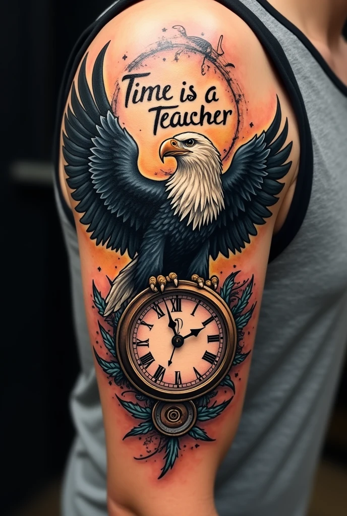 Eagle and clock tattoo for arm with the phrase "time is a teacher"