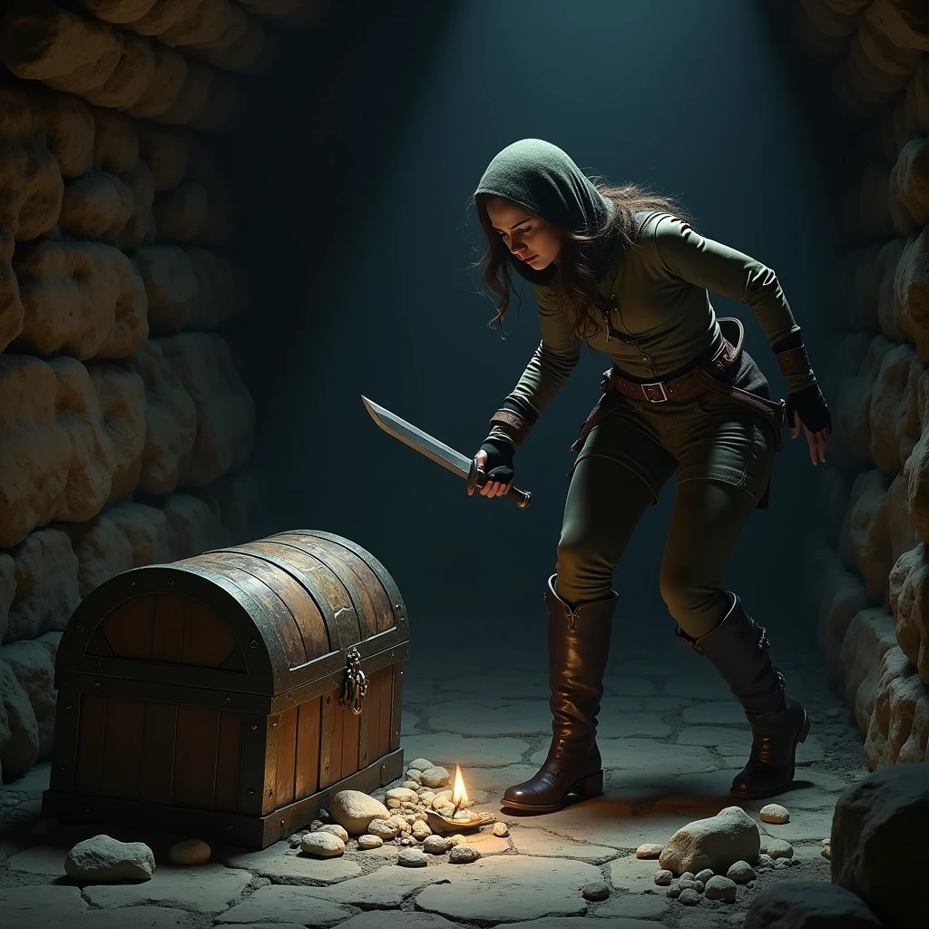 A female thief barely manages to avoid the attack of a mimic disguised as a treasure chest.、Dungeons&Dragons