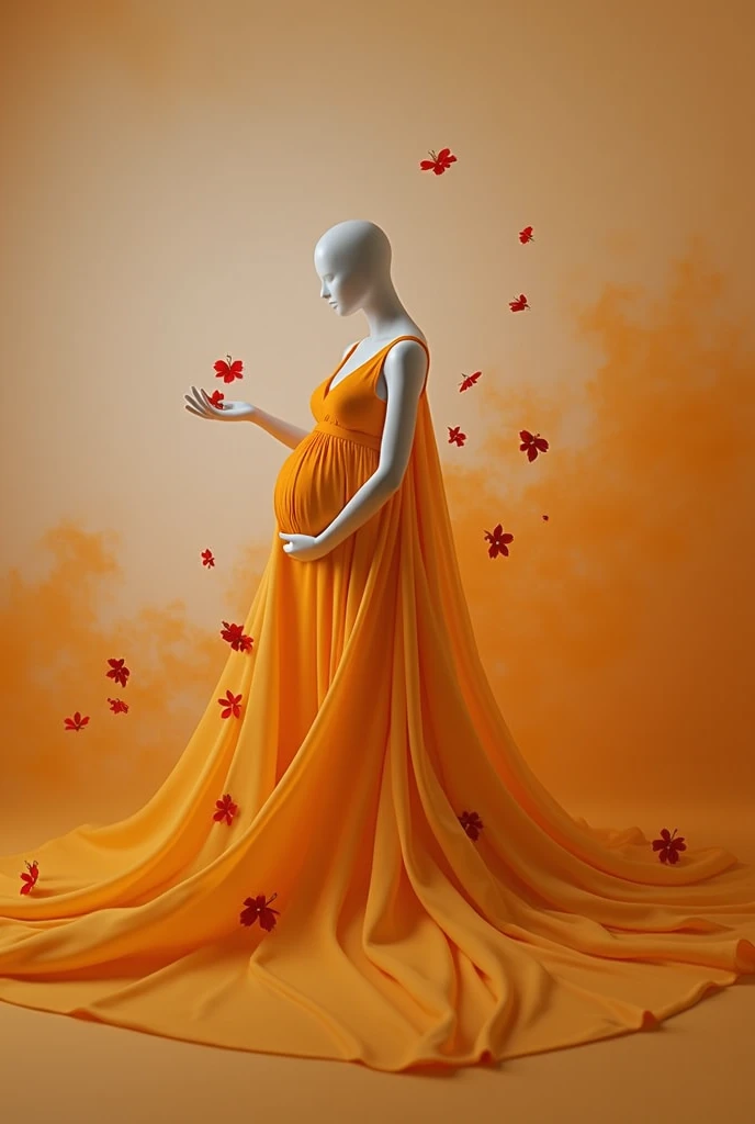 pregnant woman mannequin in red dress with flowing fabric in studio photo, digital art by Gabriel Ba, shutterstock contest winner, art photography, thick dust and red tones, maternal photography 4 k, draped in flowing fabric, draped with red hybiscus, award winning studio photo, flowing gown, grayscale phtoto with red dress, grayscale photo with red dress