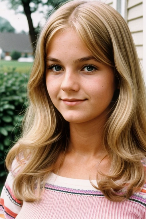 Medium view, of young aged, 16 year old, mom, gilf, milf, face portrait, german features, chubby, long 1970s hair, blond hair, 1970s clothing, in Small town 1970s,