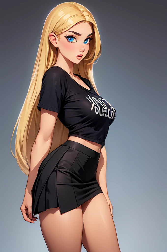 Beautiful woman, very beautiful, thick and big lips, pretty eyes and lazy eyelids, Lewd face, life completely in front, Front view, Whole body, black oversight t-shirt, black skirt with white touches, perfect body, big perky tits, small nose, by the wide, Long hair, by rubio, blonde