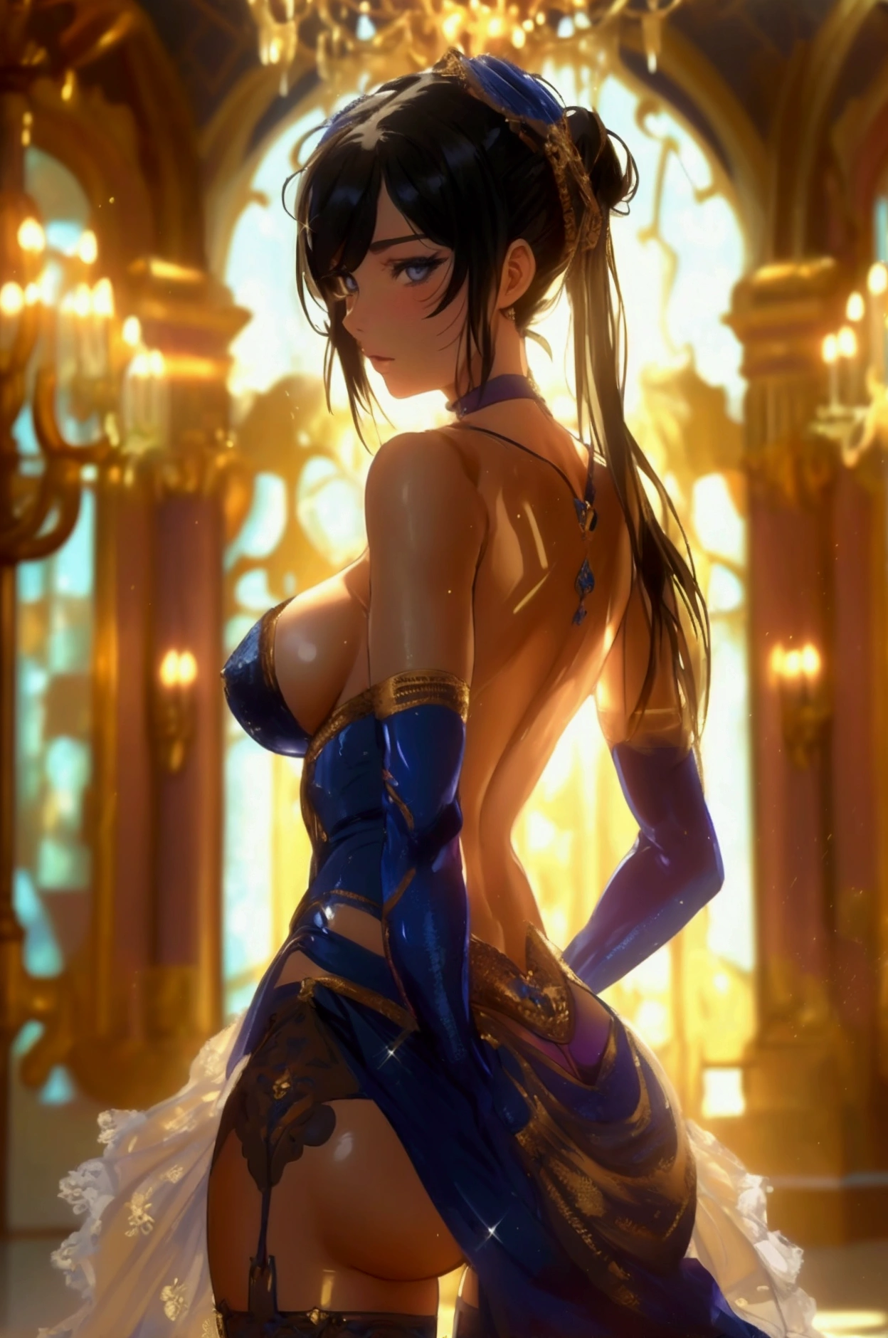 (Best quality, Ultra detailed, Golden ratio, Masterpiece:1.2), Theatrical lighting:0.7(ray tracing), 1 girl, Joasuke higashikata from JoJo, turned into a woman, posing, athletic body, Thicc thighs, big breasts,perky breasts, heart-shaped ass, tight pussy(shiny skin)(detailed skin) (perfect hands), posing, sexual, attractive, lewd, orgasmic, blushing, very feminine, wearing an elegant dress, thigh highs(perfect eyes), inside a ballroom