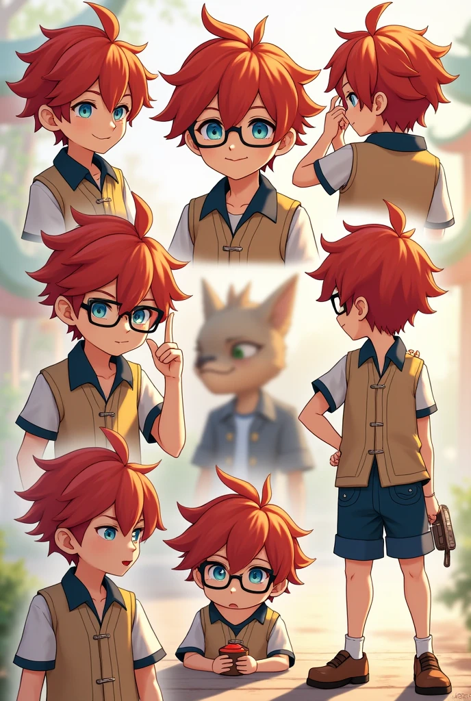 A boy, with genshin impact style, has short hair, He has glasses, and he has a slightly long vest and a short one, the shorts are blue, and the vest a light brown, has red hair, and black eyes, He is making various poses, genshin impact