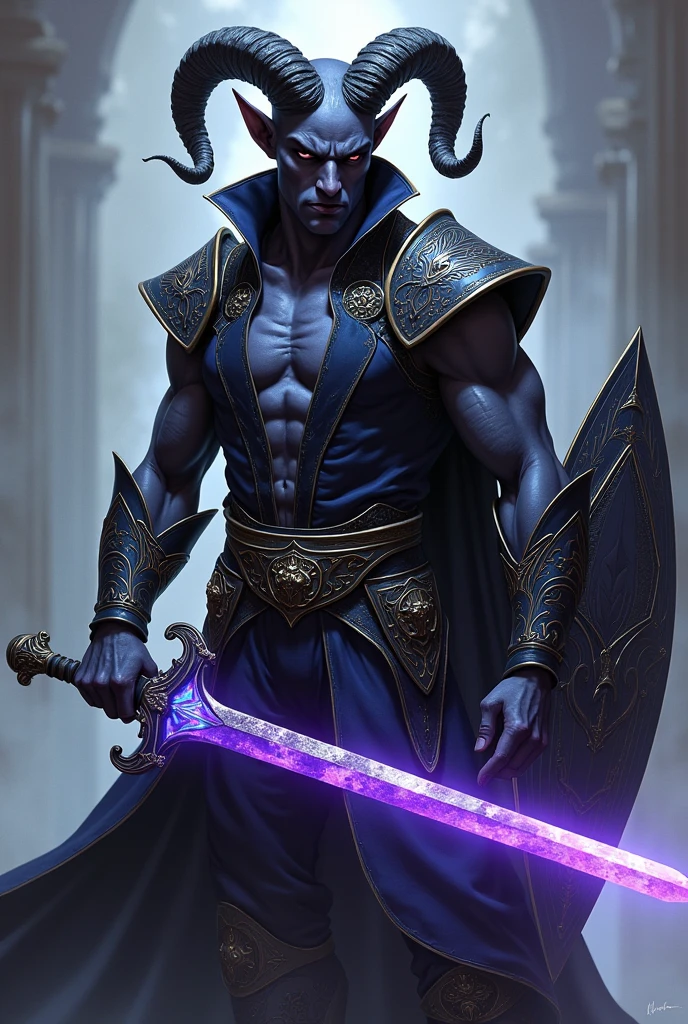 Tiefling male. Very compact, tight, rams horns. dark-black skin. A soft, solemn face. You can see his chest due to his dark-colored, button-less, sleeveless, gold-trimmed jacket. No cape. No cloak. black trousers. He’s in a combative stance. He’s holding the hilt of his sword in the scabbard. His only sword is intricately engraved, curved on his left hip. His second and last sword glows a cobalt blue. He has a glowing purple, shadow emitting shield ON his back and a book holster on his other hip carrying a black, malevolent tome.