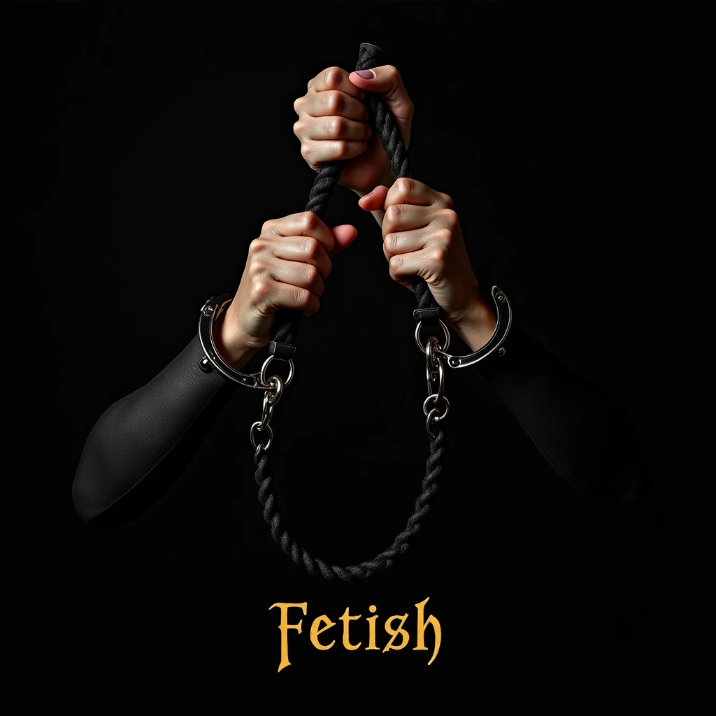 Create an image that is the cover of a rock album. The photo will be super realistic, with black background, You will have two handcuffed hands holding a black leather whip. It will have a title written below "FETISH"