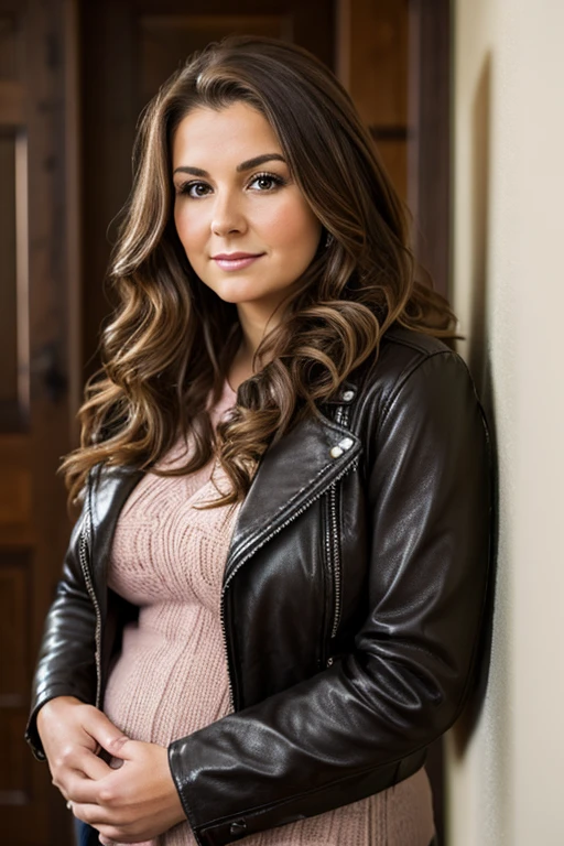 Medium view, of young aged, 25 year old, mom, gilf, milf, face portrait, jewish features, chubby, long hair, brown hair, curly hair, spring clothing, leather jacket, in cozy home, sweaty