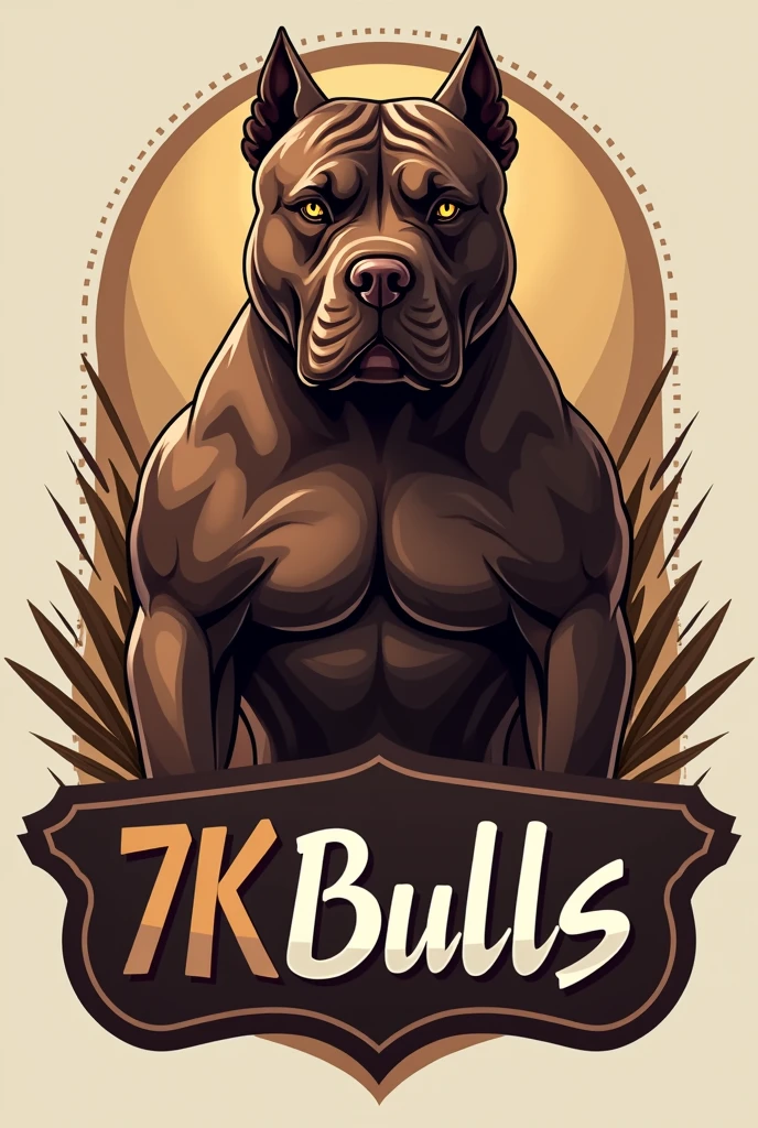 Generate a logo for a breeder of exotic chocolate-colored American Bullies, the name is 7K Bulls