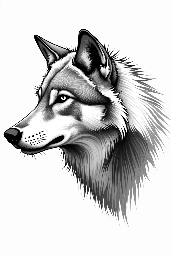 A black and white drawn wolf looking sideways only the head