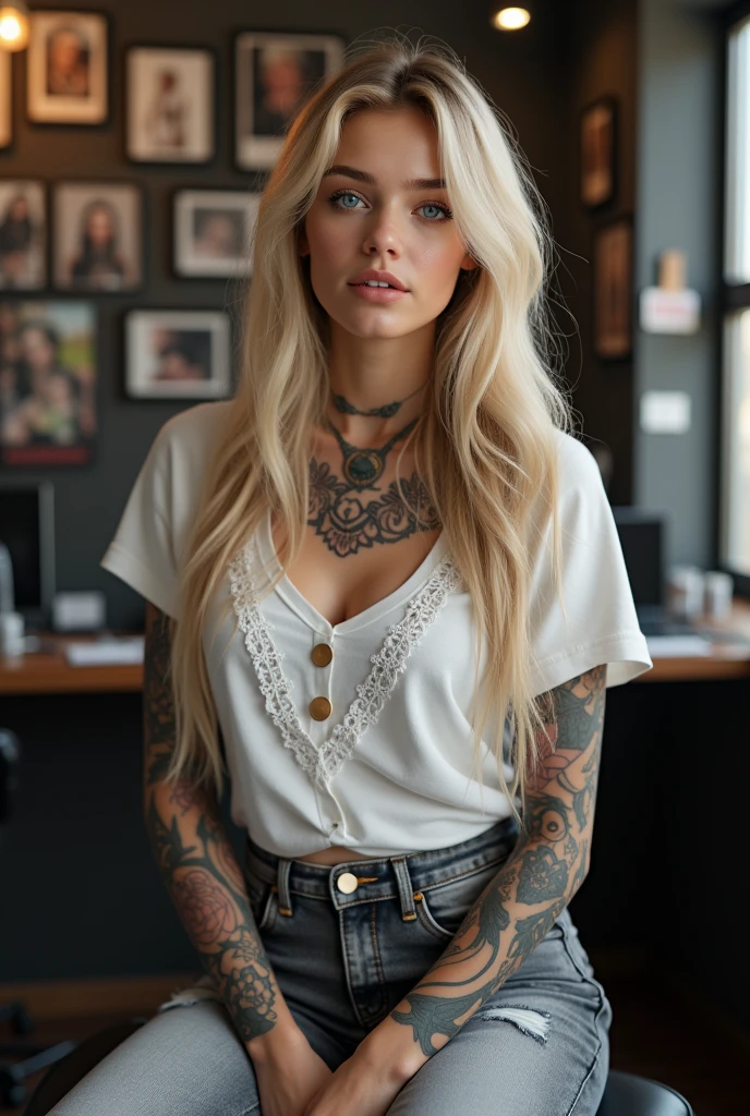Create a realistic image of a 20 year old woman, long blond hair, blue eyes, cheekbones, ((full body)), dressed in gray jeans pants, white t-shirt with lace, sitting at a piercer , gets a lip labret piercing, background image: lots of photos of tattoos, head to toe, full body, hyper realistic photo