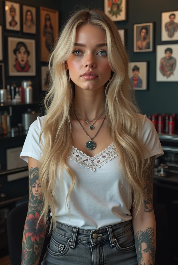 Create a realistic image of a 20 year old woman, long blond hair, blue eyes, cheekbones, ((full body)), dressed in gray jeans pants, white t-shirt with lace, sitting at a piercer , gets a lip labret piercing, background image: lots of photos of tattoos, head to toe, full body, hyper realistic photo