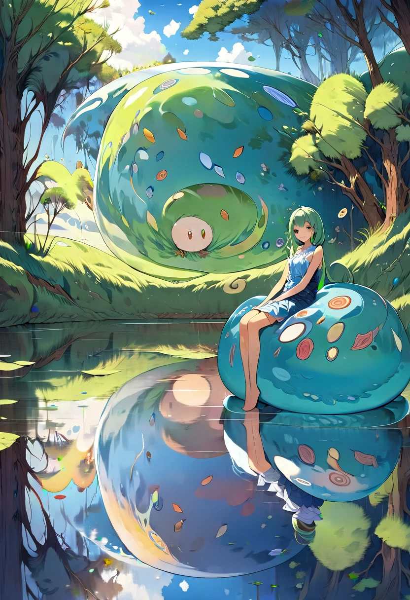 (Masterpiece, Best quality, Super detailed, Best Illustration:1.4), 1 Girl, (Slime girl:1.4), (transparent:1.1), Sit upright, (refraction,Reflection:1.5) , transparent face, Transparent body, Skin type: transparent, sunshine day，water blue，Spring water background
