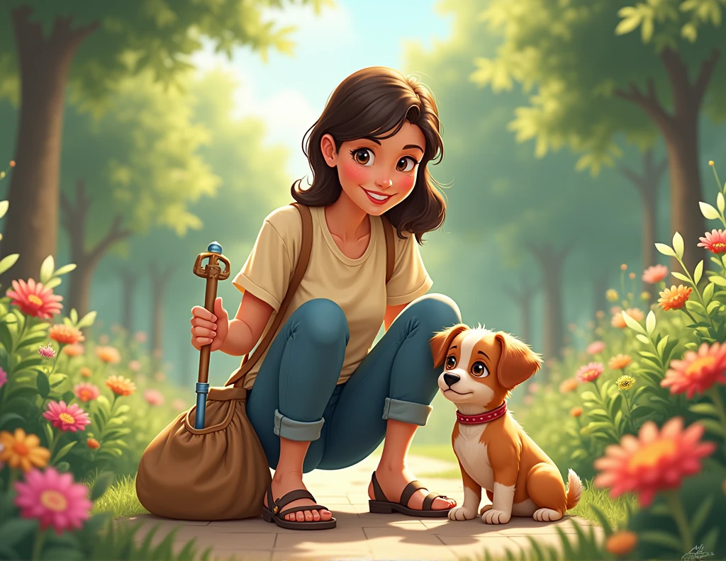 Woman crouching with a bag in her right hand and a small toy shovel in her left hand with her small breed dog next to her, disney style