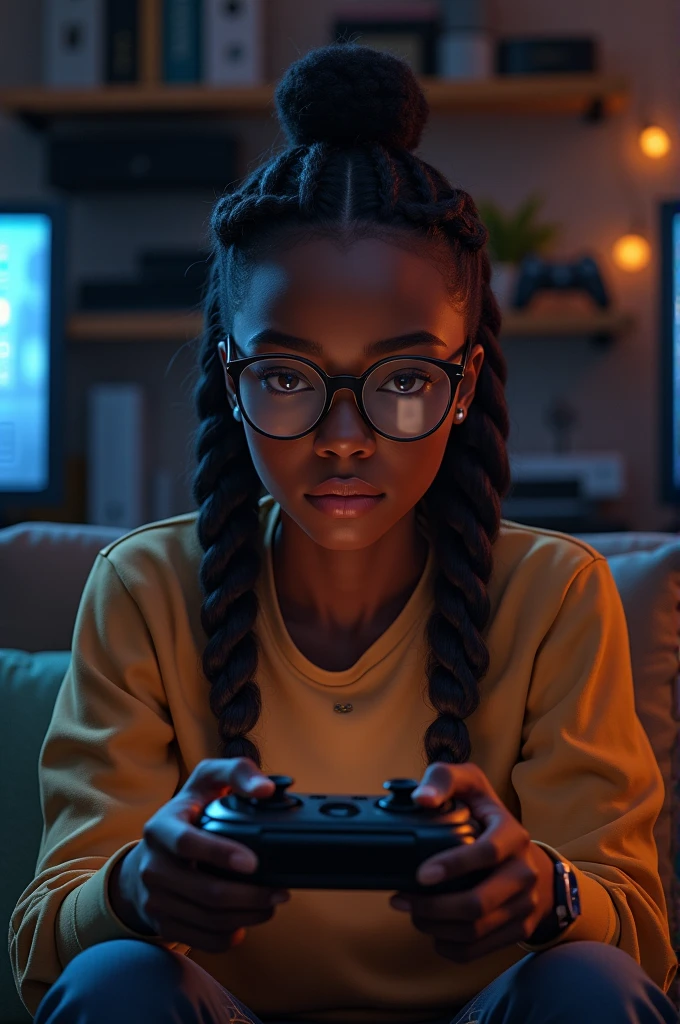 Create a drawing of a 20 year old black woman with braids and round glasses playing video games