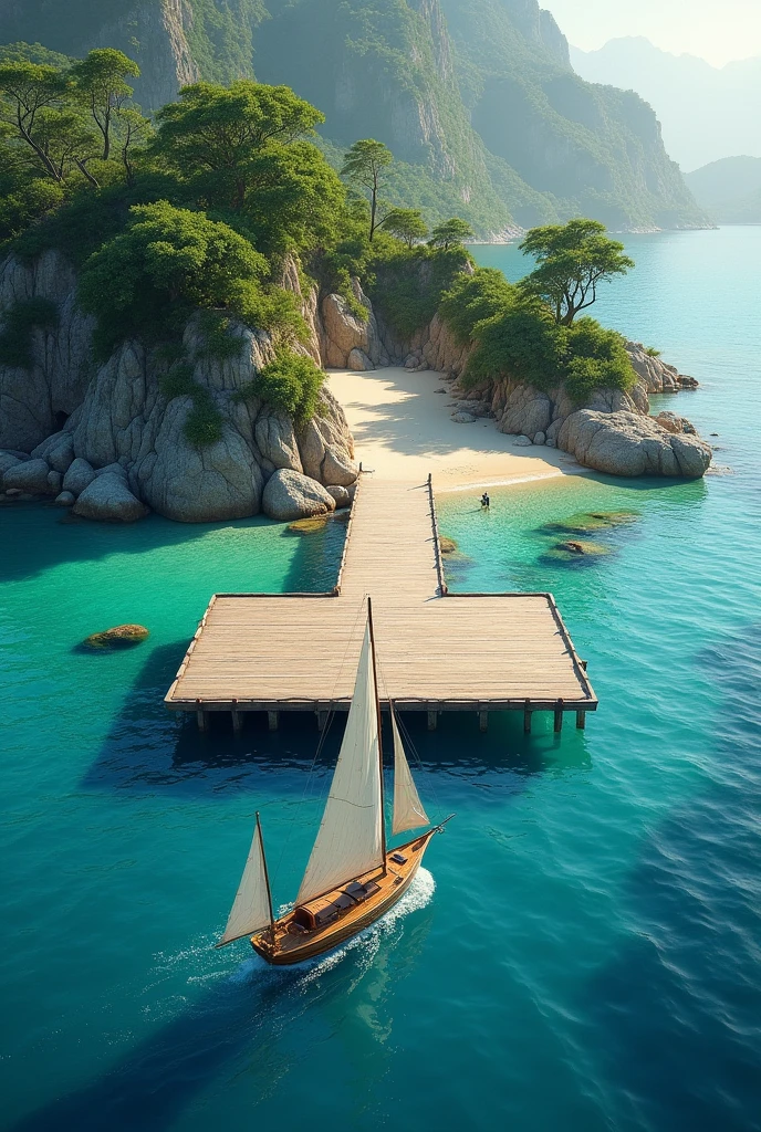 completely rectangular dock on an island and a boat sailing

