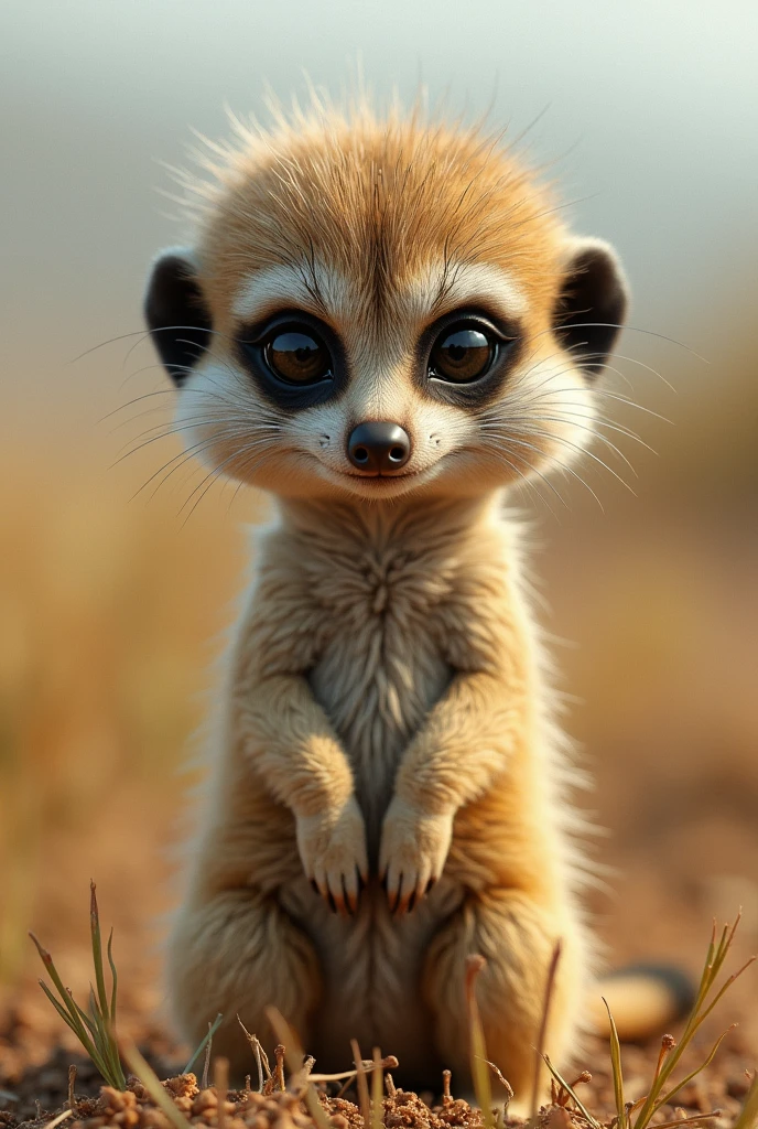 Meerkat with big eyes, mixed with a human being who has no chin