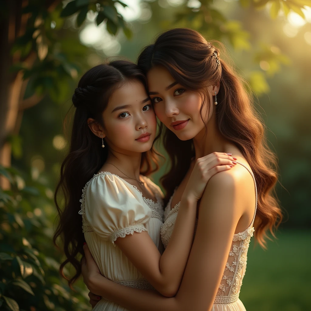 A girl in a garden, hugging a woman, beautiful detailed eyes, beautiful detailed lips, extremely detailed eyes and face, long eyelashes, intricate detailed dress, soft lighting, cinematic composition, warm color palette, (best quality,4k,8k,highres,masterpiece:1.2),ultra-detailed,(realistic,photorealistic,photo-realistic:1.37),portrait,romantic,dreamy,cinematic,chiaroscuro lighting