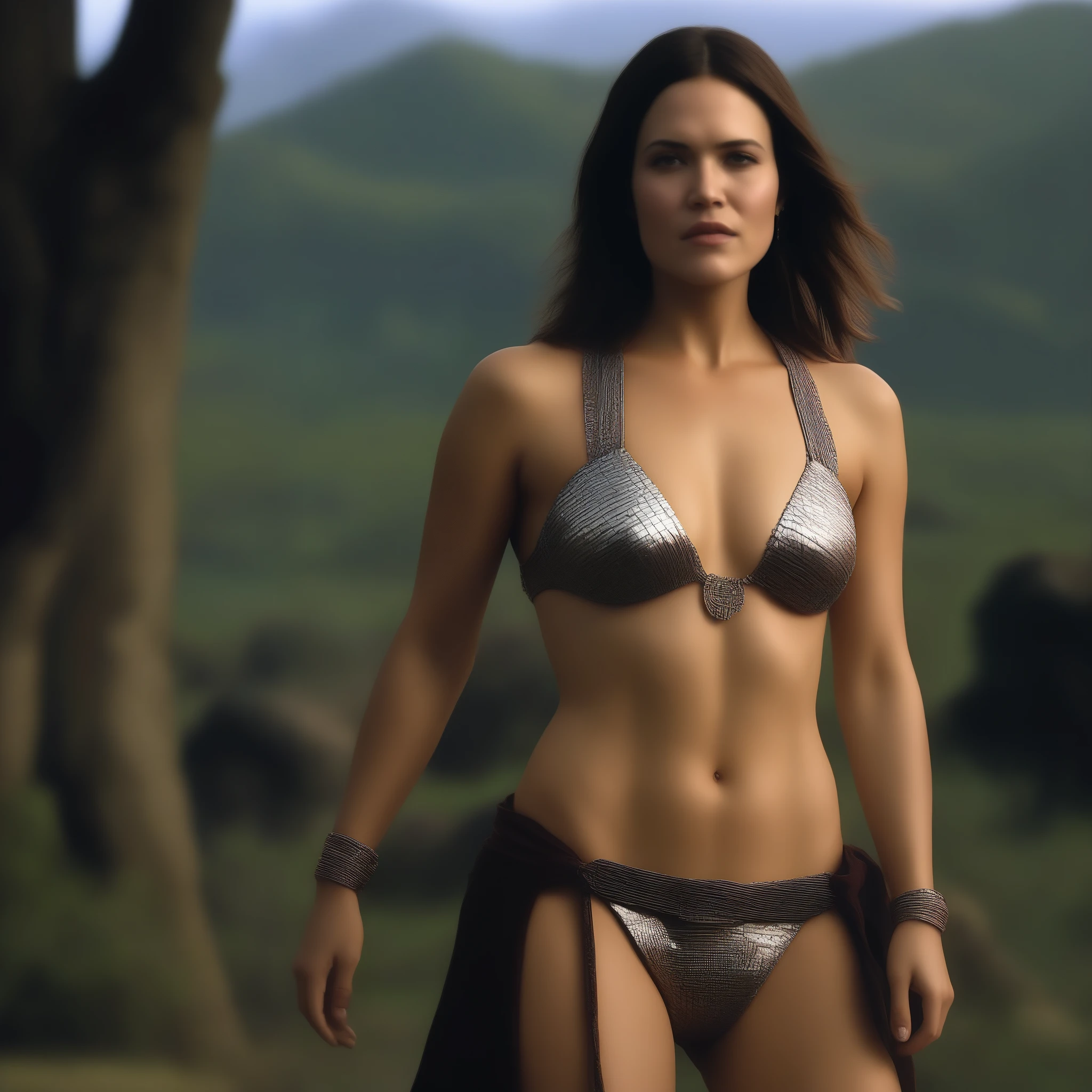 (masterpiece, best quality:1.2), 1girl, solo Mandy Moore as a warrior princess in a chain mail bikini