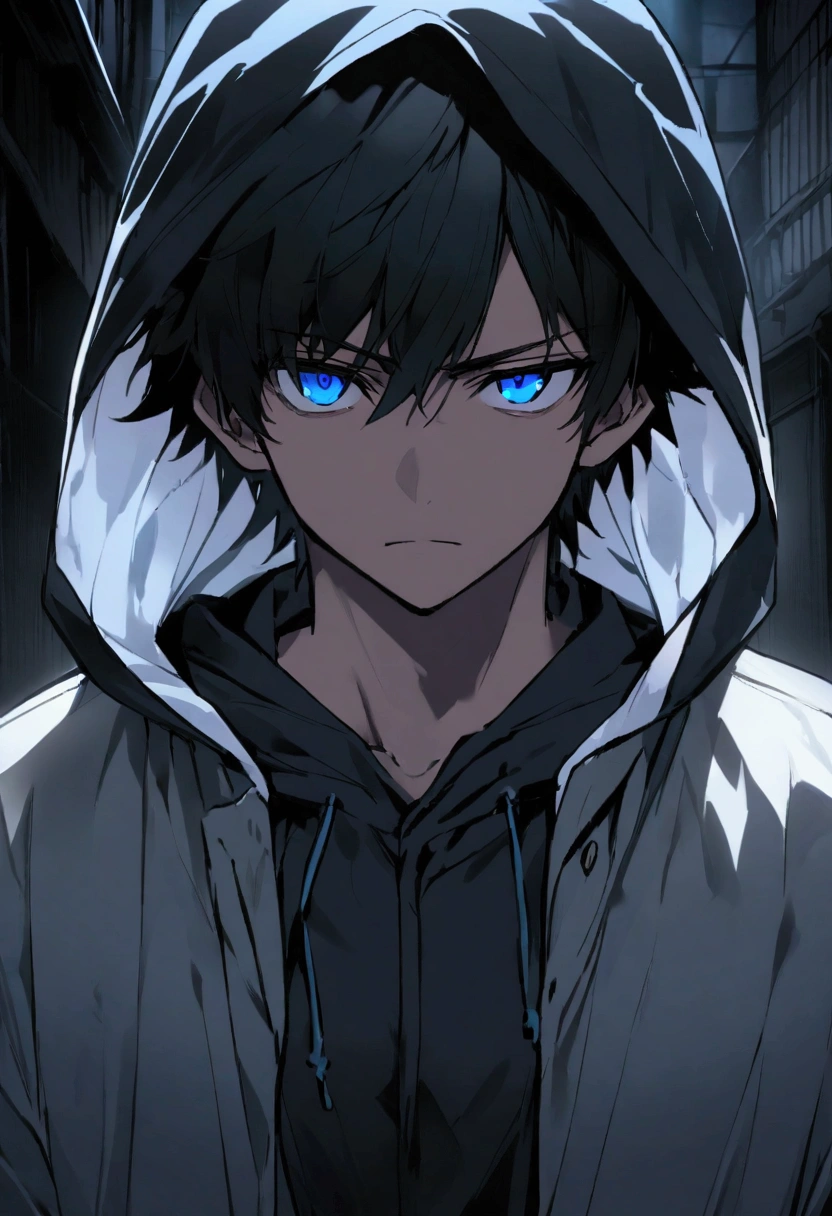 in the middle of the night in tokyo in a dark alley a 22 year old boy with a hood and black hair cold blue eyes a serious look 