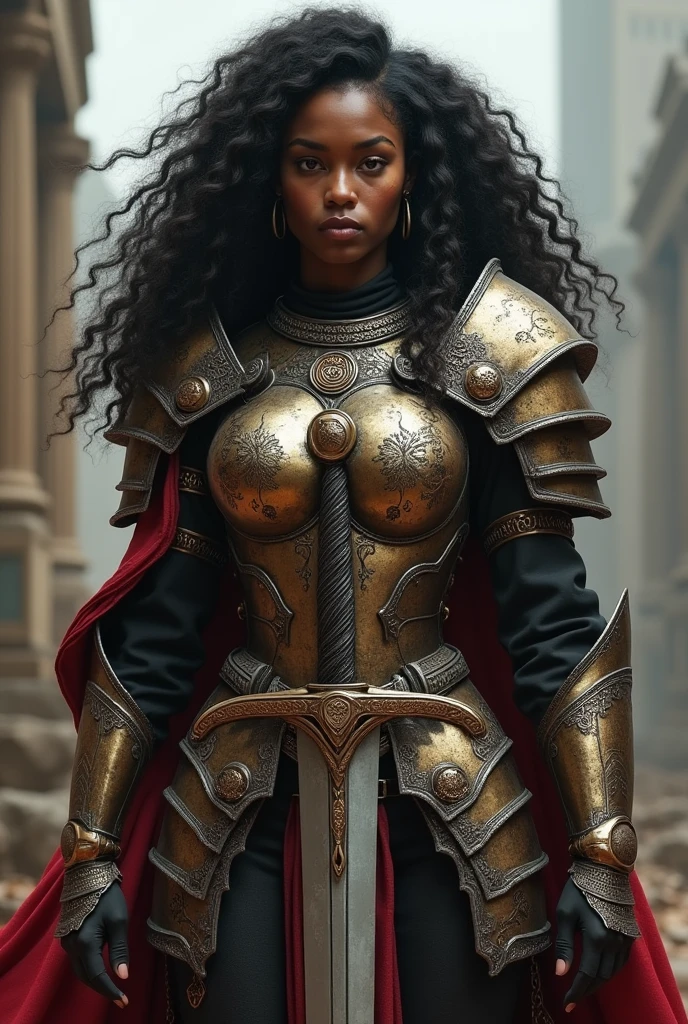 Create a black woman, she is a warrior, she has long curly hair