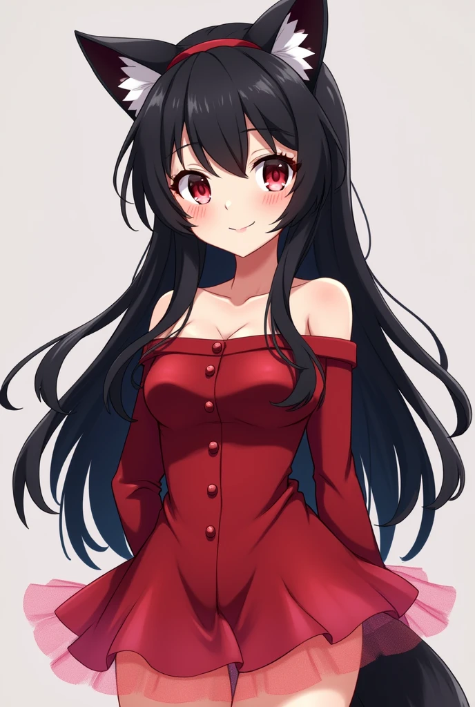 anime girl bnha style, long black fur, Medium and happy complexion, with red off-the-shoulder suit,.and skirt with a layer of tulle, no neckline