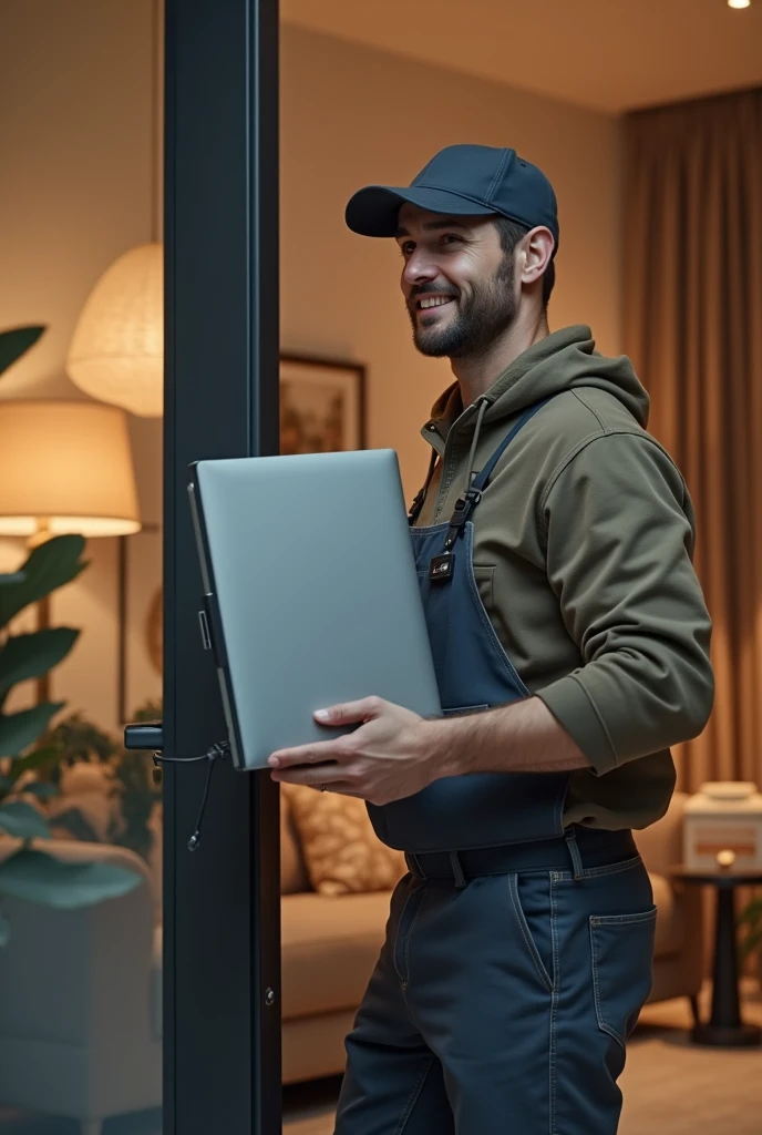 (photorealism:1.2), Mobile phone in profile with a smiling, handsome man emerging from inside, dressed in the classic attire of a computer technician, wearing a cap. His body appears to be emerging from inside a mobile phone when seen from the side. The man is delivering a laptop to a client&#39;s house. The background of the scene should represent a warm and modern home., with elements such as contemporary furniture, Soft lighting and cozy details that convey a feeling of comfort and hospitality