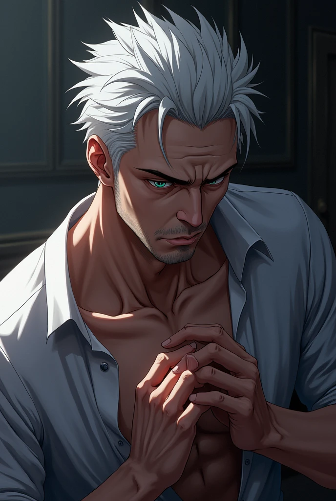 Man with short white hair masturbates anime style