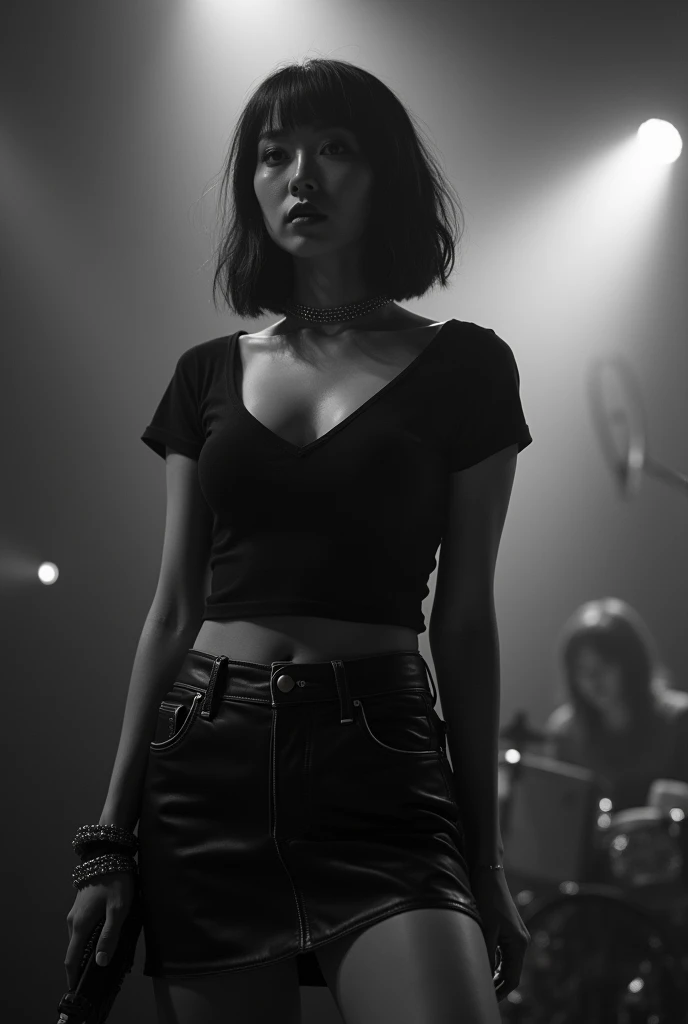 Black and white photography、Live footage、Asian woman with short bob、band、skirt、Beautiful Face、Punk Rock、Large Breasts、Satomi Ishihara、T-Shirts、A cleavage so big you could squeeze your penis in it、Stage Lighting、smoke、mist、Alice Hirose、Solo artist、skirtめくり、