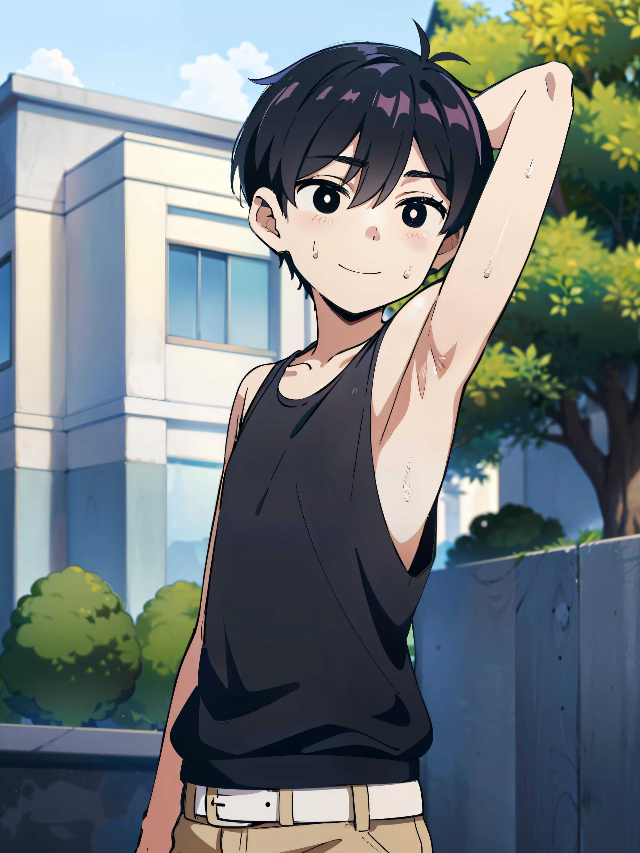 Highres, Masterpiece, Best quality at best,Best Quality,hight quality, hight detailed, Anime style, 1boy, Shota, young boy, Solo person, Omori, black hair,bright pupils, outline, white pupils, white outline, look at viewer,Tank top, Bare shoulder, belt, flat chest, smile, upper body, Wall beckground, Seen from the front, (Showing armpit:1.3), (very young boy), (very small and short body), simple beckground, hansome boy, Uhd, bokeh, sweat