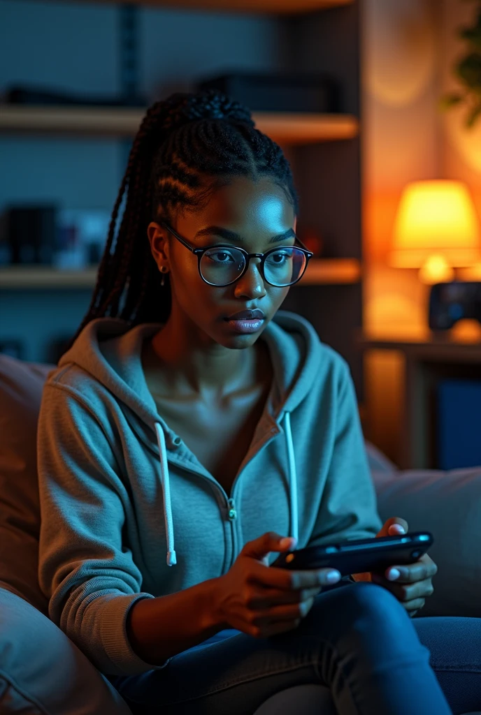 Create a drawing of a 20 year old black woman with braids and round glasses playing video games