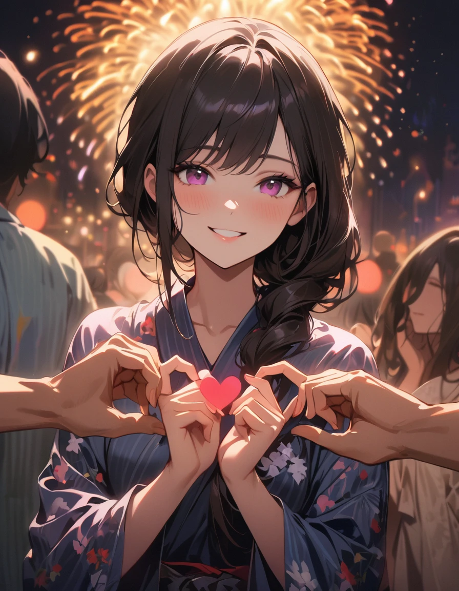 detailed textures, high quality, high resolution, high accuracy, Realism, color correction, correct lighting settings, harmonious composition. masterpiece、girl、black hair、long hair、tied hair、(((Make a heart with both hands.)))、Summer Yukata、firework、smile、focus on the face, night background--ar 3:4- Niji 6