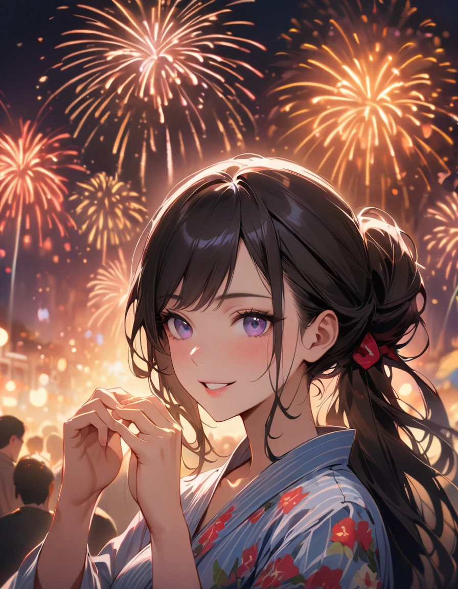 detailed textures, high quality, high resolution, high accuracy, Realism, color correction, correct lighting settings, harmonious composition. masterpiece、girl、black hair、long hair、tied hair、(((Make a heart with both hands.)))、Summer Yukata、firework、smile、focus on the face, night background--ar 3:4- Niji 6