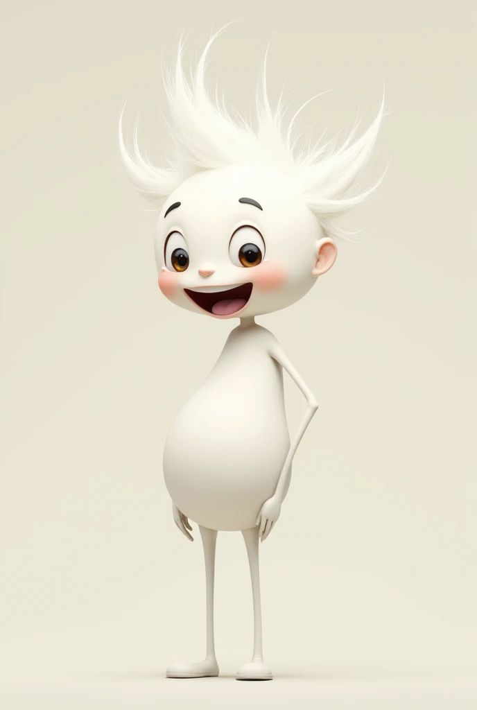 Man with stick arms and legs, white body and head, hair with 3 spikes, looking to the right, happy face