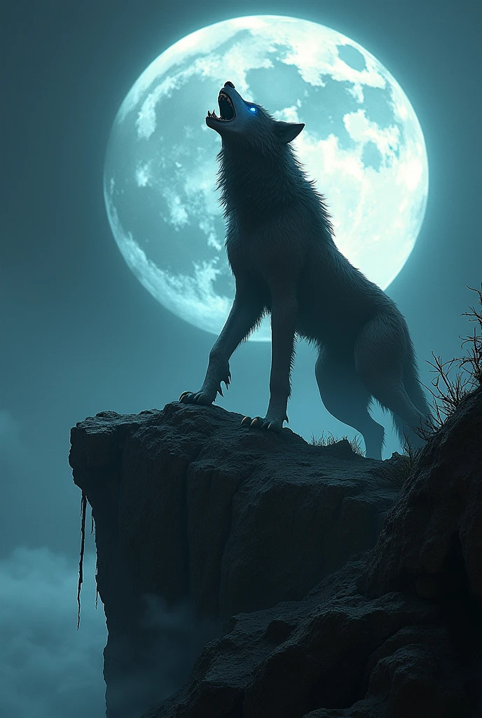 Female werewolf howling at the full moon standing on two hind legs,with the of a man torn apart at his feet,on top of a cliff