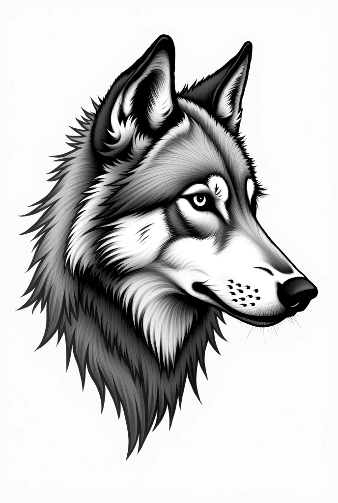 A black and white drawn wolf looking sideways only the head