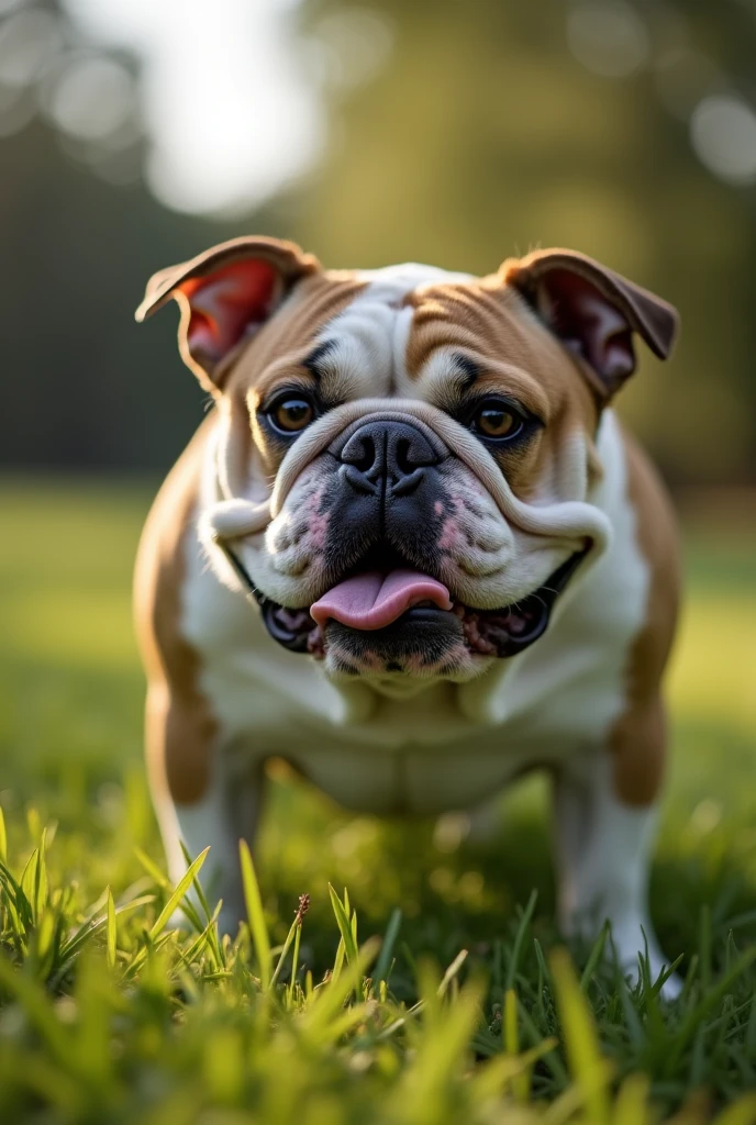 a bulldog that is standing in the grass with (a subwoofer), closeup of face melting in agony, template, lowshot, doge meme, p, , sports photo, squaresoft