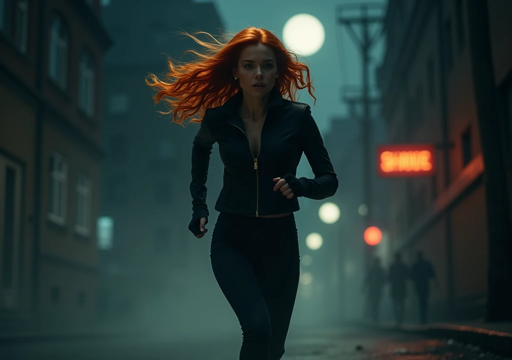 redhead woman running at night in the darkness 