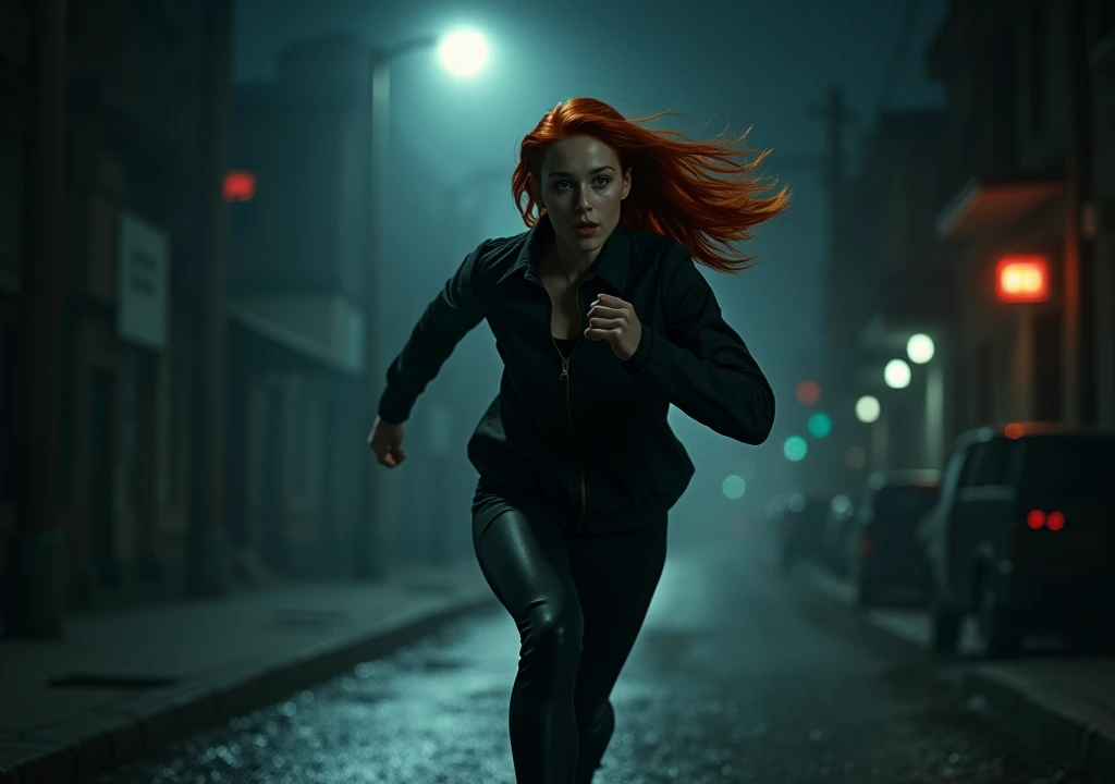 redhead woman running at night in the darkness