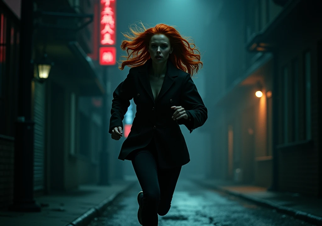redhead woman running at night in the darkness