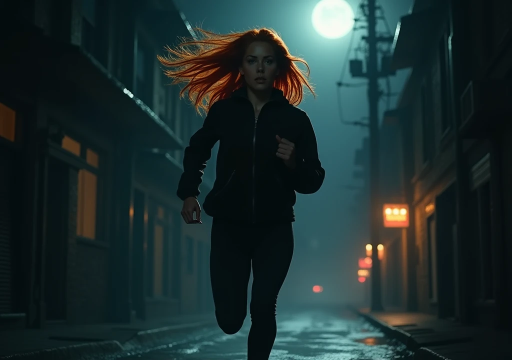 redhead woman running backwards at night in the darkness with nothing