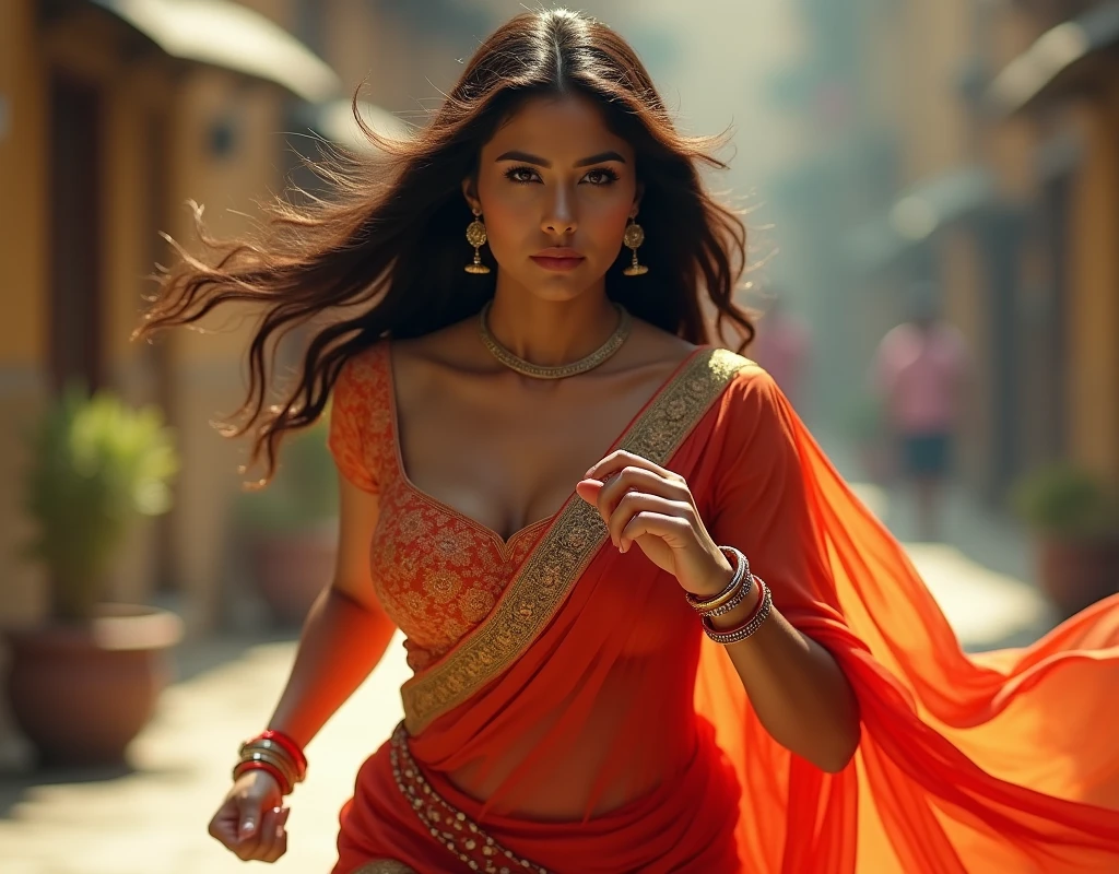Hot sexy girl big breast bearing tight blouse saree large breast size running