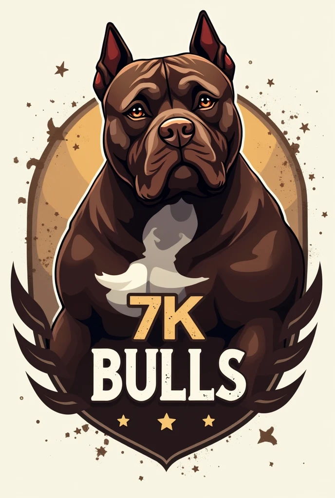 Generate a logo for a breeder of exotic chocolate-colored American Bullies, the name is 7K Bulls