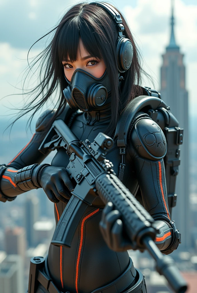 photo-realistic, ultra-realistic, very beautiful Japanese, famous Japanese idol, 20 years old, dramatic scene, masterpiece, beautiful eyes, (extremely intricated with extremely complex futuristic cyber punk mecha armored full-face gas mask:1.5), (wearing stylish colored extremely intricated with complex multi-layered cyber punk mecha armored tight fitting bodysuits with neon marker:1.3), (She uses the ultra high power rocket engine on her back to flying high speed in the sky:1.5), amazing view from sky, (surprising), acrobatic pose, dynamic angle, (shoot from behind), Nimble movements, Sharp turns, (very large breasts), (Fully equipped for battle:1.3), (holding m4a1 large assault rifle:1.4),